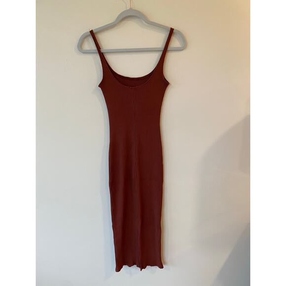Rolla Coster Women’s Bodycon Dress S Ribbed Knit Spaghetti Strap Rust Brown - Picture 2 of 5